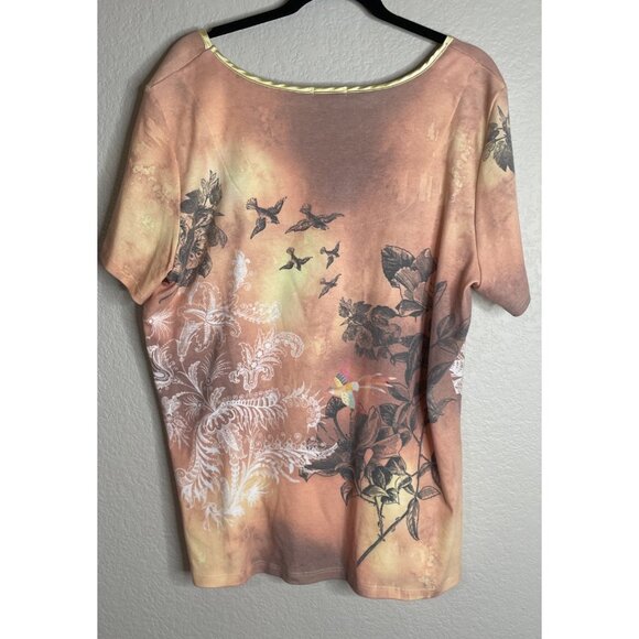 Vintage Womens Y2K One World 2X Top Blouse Satin Trim Birds Boho Floral Romantic - Picture 2 of 8